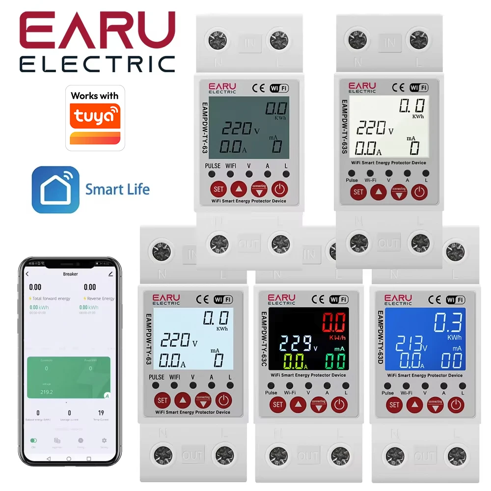 2P 63A 230V Tuya WiFi Smart Energy Meter Power kWh Meter Earth Leakage Over Under Voltage Protector Relay Device Switch Breaker