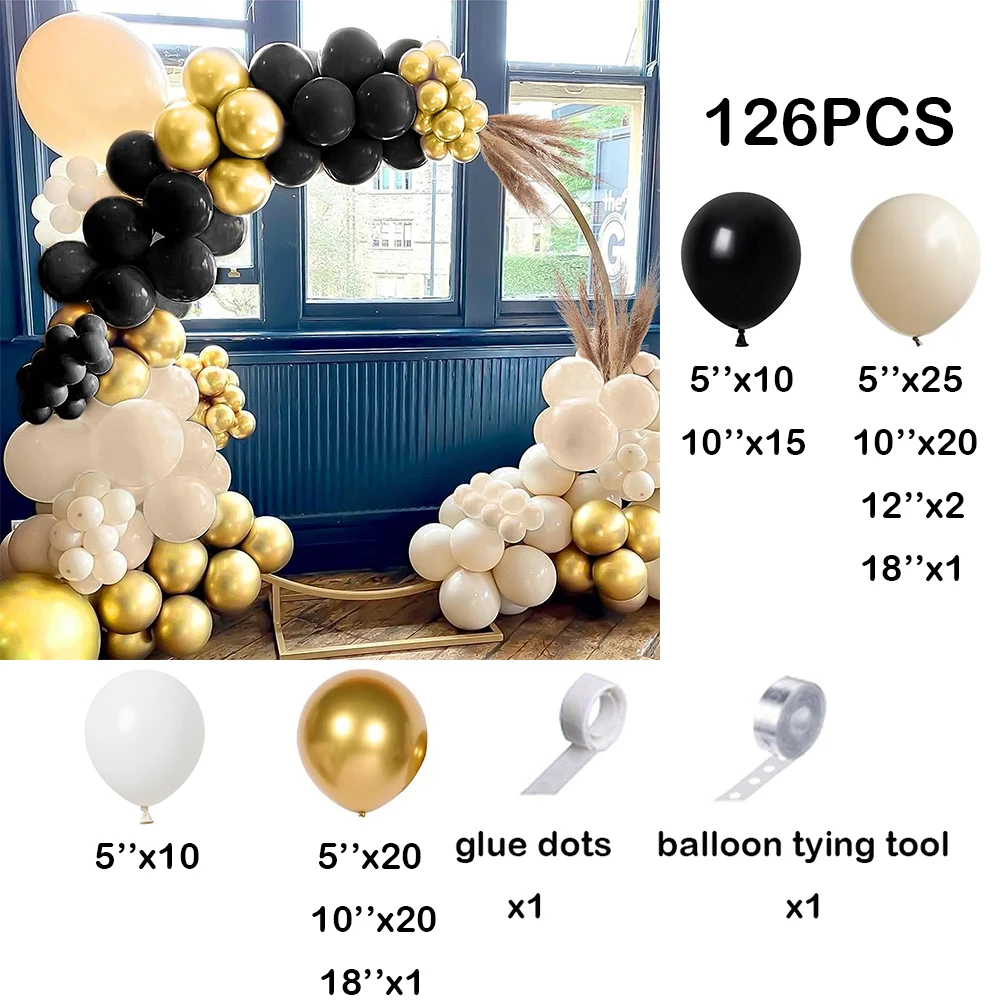 126Pcs Black White Sand Balloon Garland Arch Kit Chrome Gold Latex Balloons Graduation Anniversary Day Birthday Party Decoration