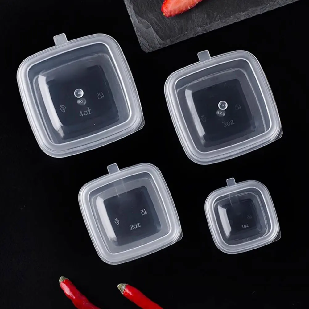 

50 шт. прозрачных пластиковых контейнеров для соусов, квадратной формы, с крышками, для еды на вынос, портативные емкости для хранения продуктов