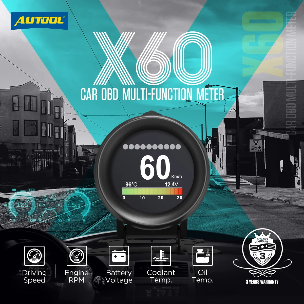 AUTOOL X60 HUD Car Smart Digital Multi-Function Alarm Meter OBDII Protocol for Petrol Cars 12V Diesel Cars