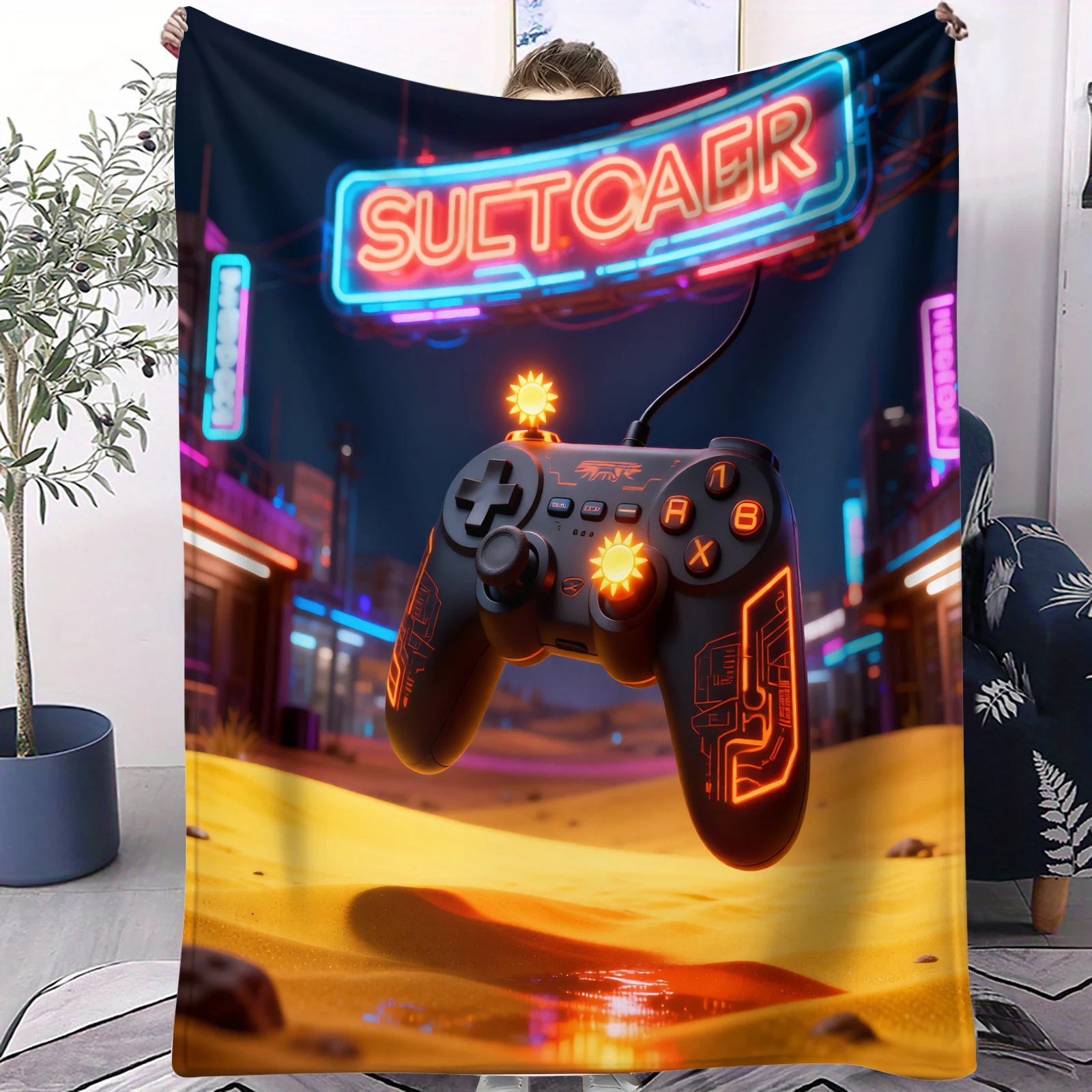 

Future Tech Style Game Controller Blanket Warm Cozy Portable Flannel Blanket for Home Camping Travelling Gifts for Girls Boys