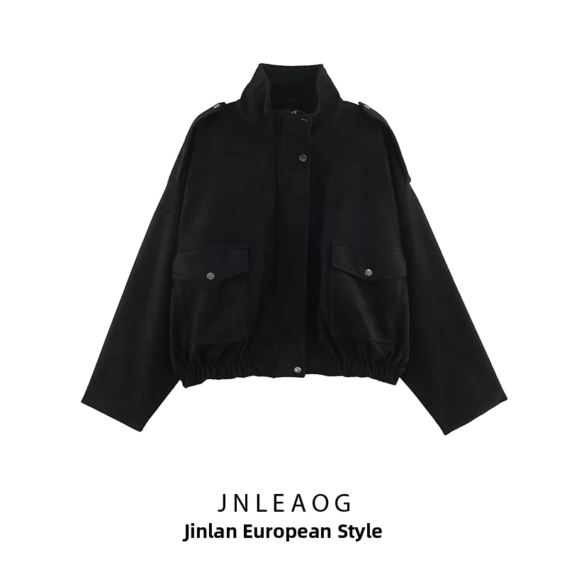 JNLEAOG Autumn New Women's Fashion Pilot Jacket Reversible Faux Leather Quality Short Coat Long Sleeve Polyester Fabric