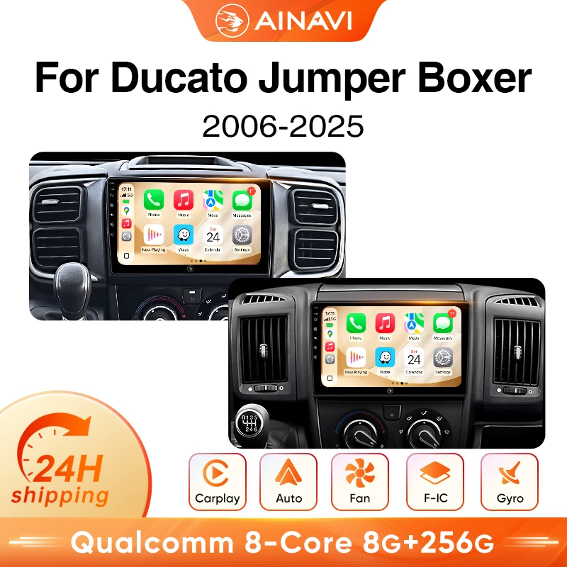 AINAVI HD 9" Autoradio pour Fiat Ducato 2005-2024 Citroen Jumper Peugeot Boxer, lecteur multimédia sans fil Carplay Android Auto, Autoaudio GPS HDMI 1280 * 720 BT 5.0 Gyroscope HDMI Out, contrôle gestuel, ventilateur de refroidissement intégré, 2 DIN