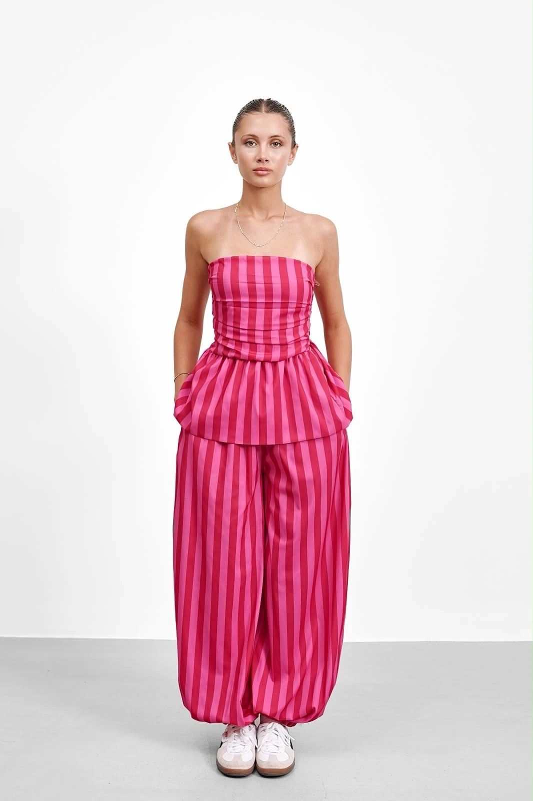 Item id 1005012695698946 Laru Women Striped 2 Piece Matching Outfit Sleeveless Peplum Top High Waist Wide Leg Pants Elegant Sum