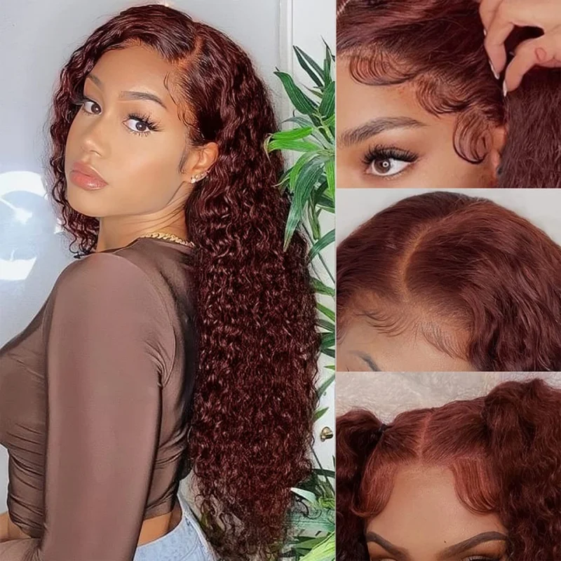 

Reddish Brown Kinky Curly 13x4 Transparent Lace Frontal Wig PrePlucked Curly Human Hair Wigs For Women