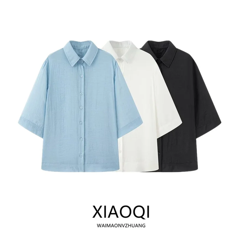 ฤดูร้อน 2025 ใหม่มาถึงผู้หญิงลําลอง irt ort Sve Turn-down Collar All-match Ele Ne Seven-quarter Sve