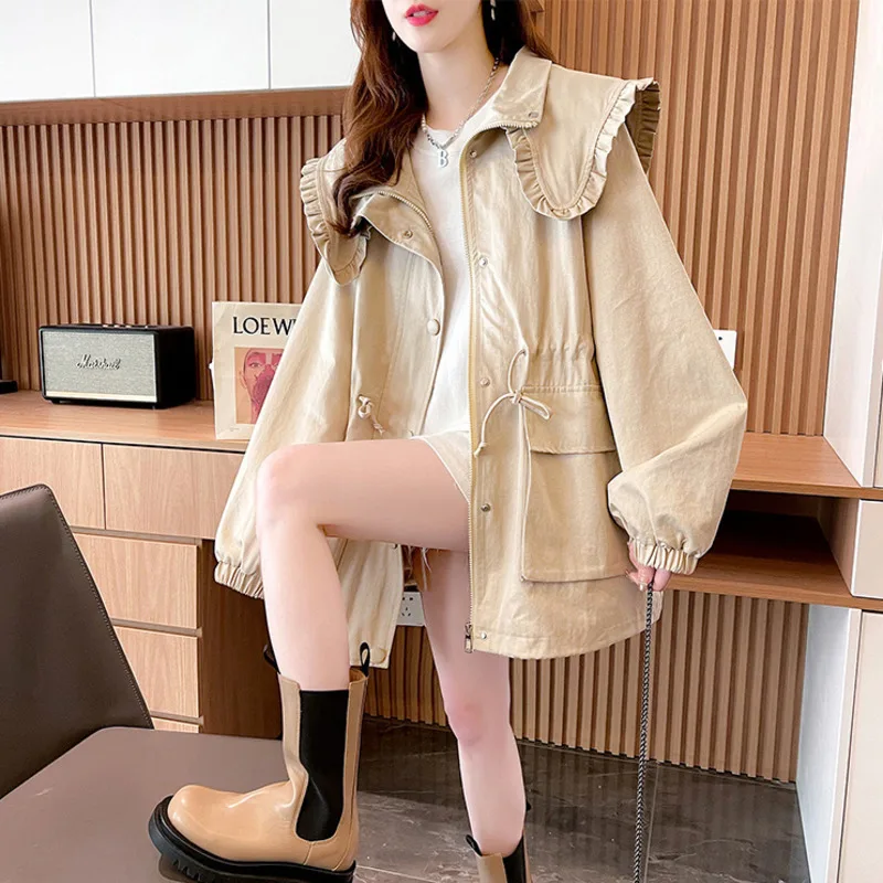 Korean Fashion Women's Trench Coat 2024 Spring Autumn Medium To Long Navy Collar Jacket Female Casual Loose Pocket Windbreaker