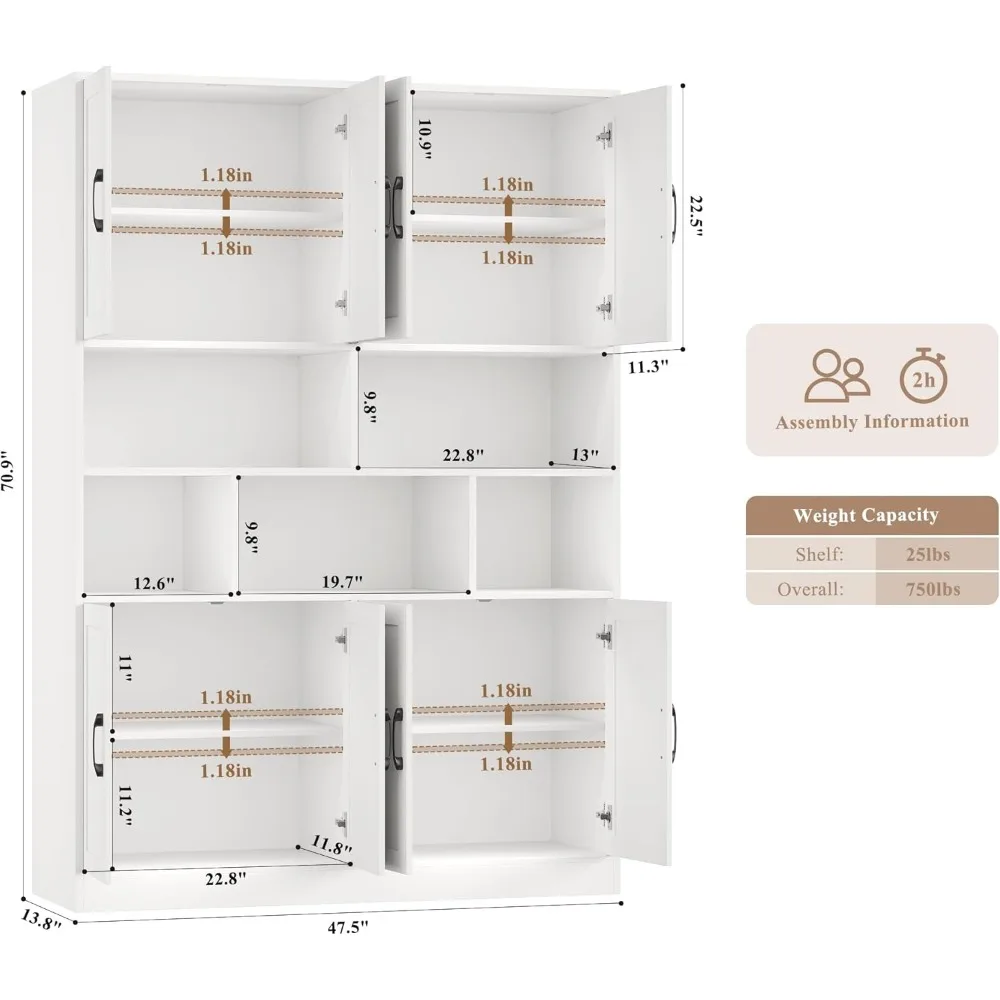 خزانة تخزين طويلة 71 بوصة، خزانة مطبخ كبيرة مع أرفف وأبواب عميقة، رف عرض قائم بذاته مقاس 47 بوصة مع #3