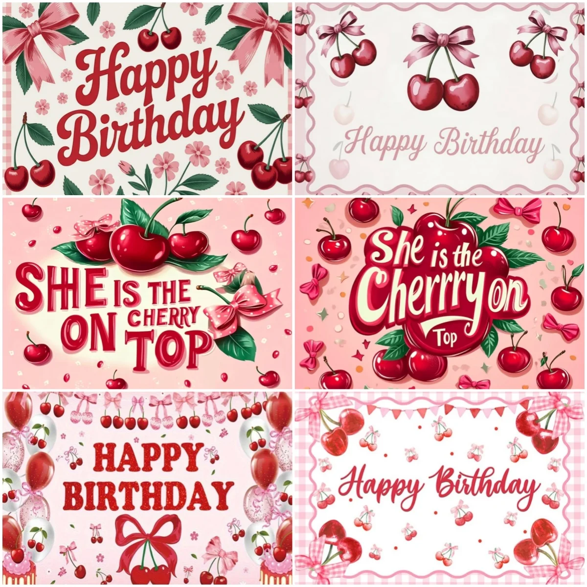 

Pink Cherry Birthday Party Theme Photography Background Cherries Cake Grid Bow Decorations Girl Gift Baby Shower Backdrop Studio