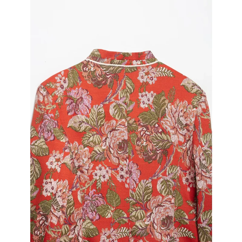2026 Frühling Herbst Neue Damen Blumen-Jacquard-Print Stehkragen Kurzer Blazer Langarm mit Taschen Vintage Blumen-Anzugjacke – Detail 6