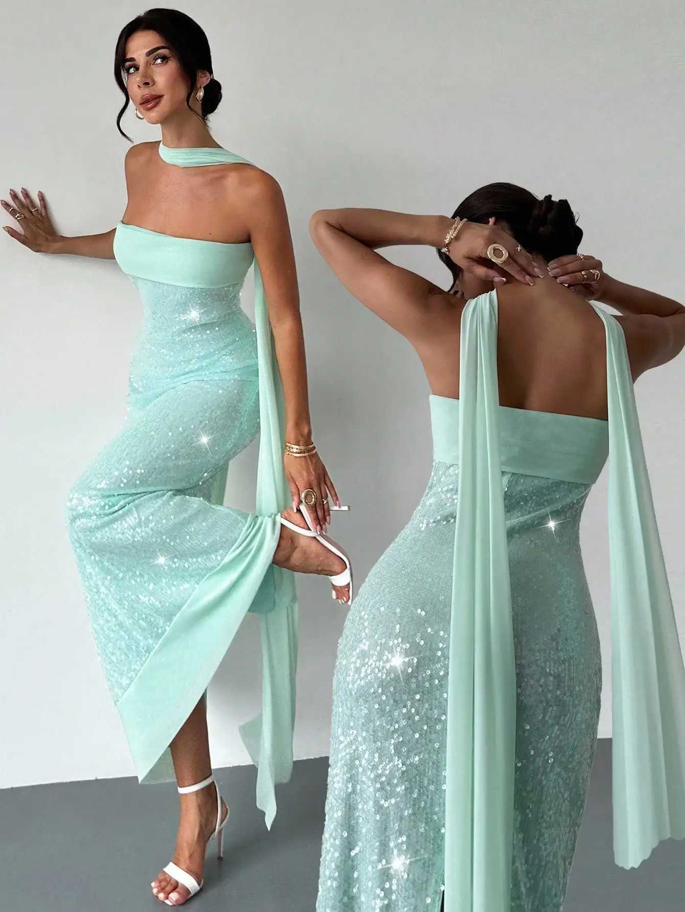 

Mint Green Strapless Sequin Gown with Flowing Back Ribbons, Elegant Formal Dress for Parties & Weddings