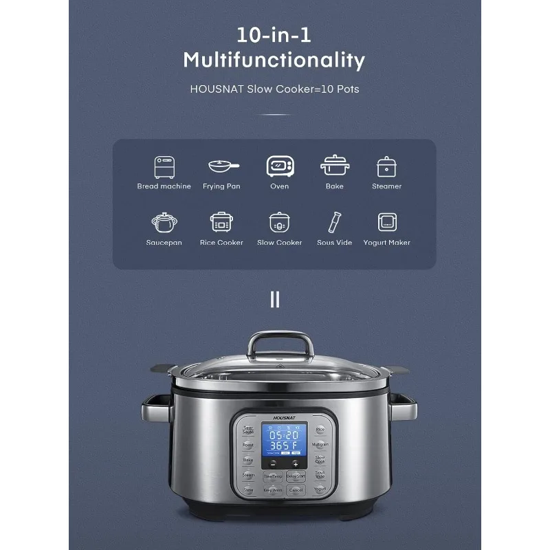 HOUSNAT Slow Cooker, 10 in 1 Programmable Cooker,6Qt Stainless Steel, Rice Cooker,Yogurt Maker,Delay Start, Adjustable Temp&Time