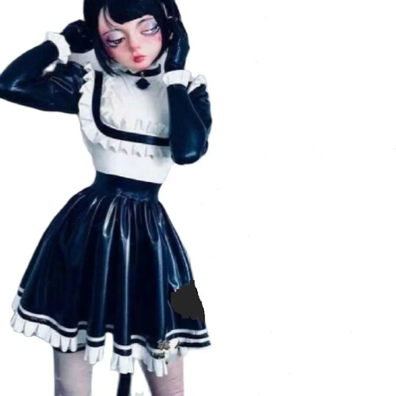 

Черное милое кавайное платье из искусственной кожи с бантом на поясе, Запираемая униформа для косплея горничной