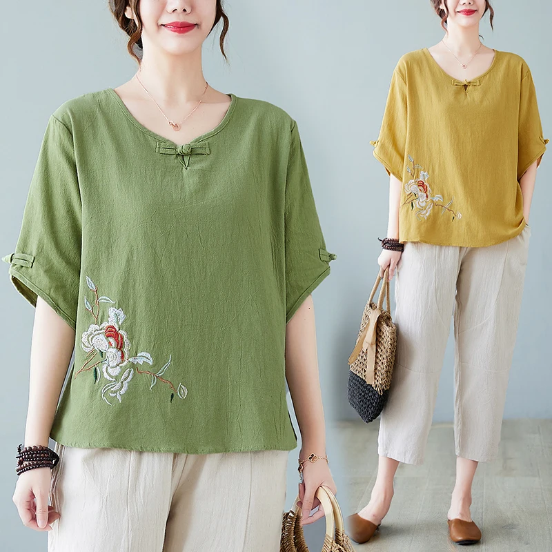 

Sli Cotton Linen ort Sve Футболка с вышивкой больших размеров Летний наряд Комплект из чистого хлопка для женщин среднего возраста