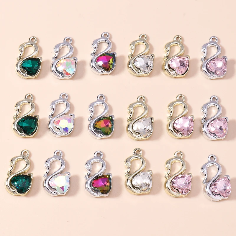 Leslie 10pcs Luxurious Shinning Crystal Swan Charms for DIY Jewelry Making Elegant Big Zircon Swan Pendant for Necklace Earrings