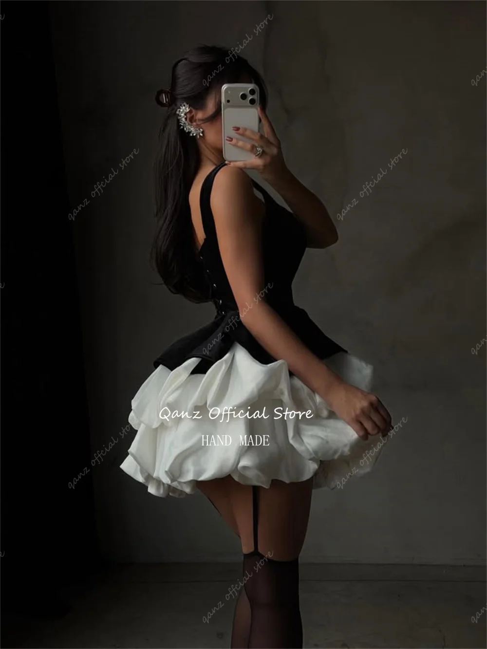 Qanz فستان حفلة موسيقية أسود مخملي أشرطة سباغيتي قصيرة على شكل حرف A فساتين عيد ميلاد فاخرة 2026 منتفخة فيستدوس دي فييستا مخصصة #5