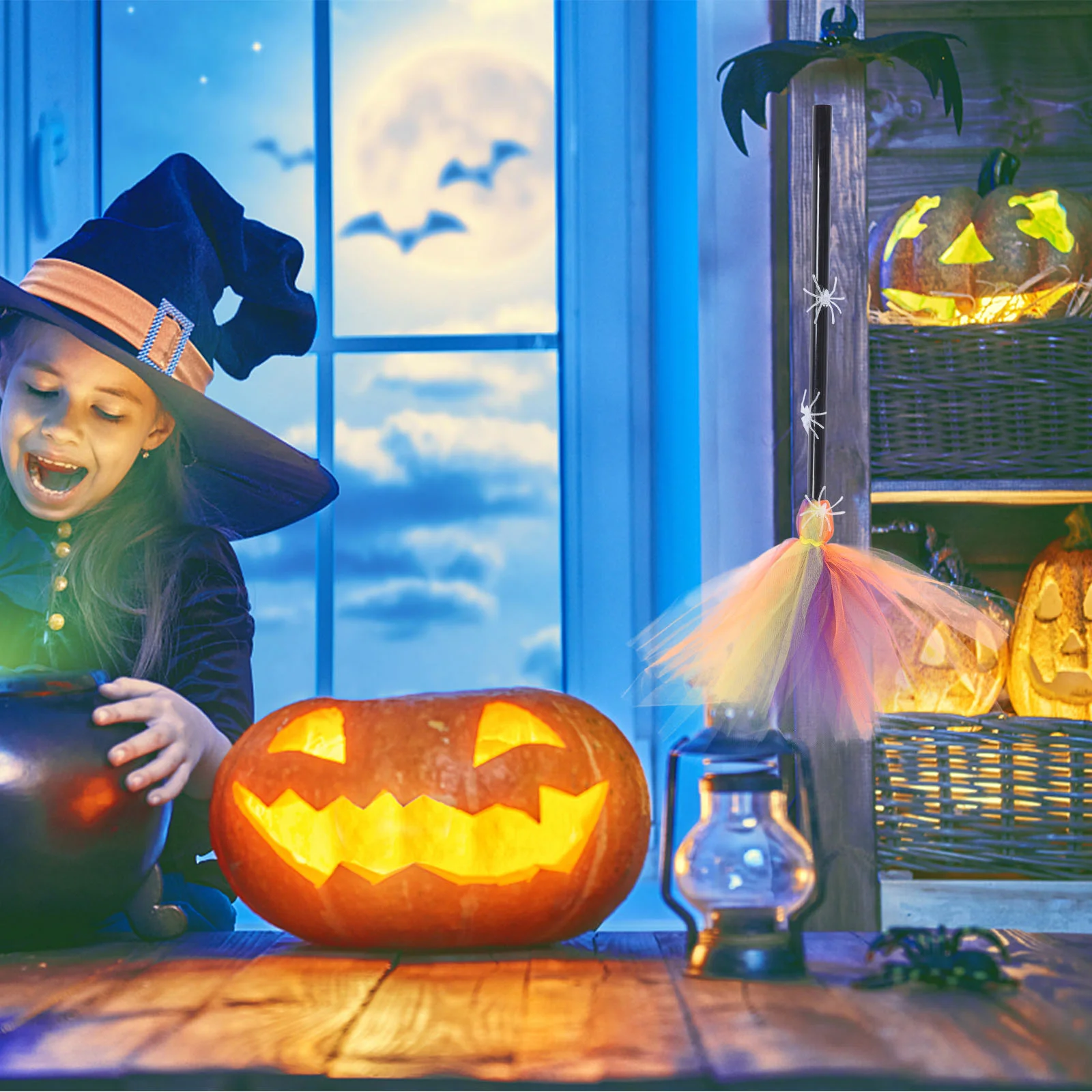 Halloween Broom Night Glow Spider Web Premium Polyester Witch Decoration Party Accessory Festive Creative nament Safe