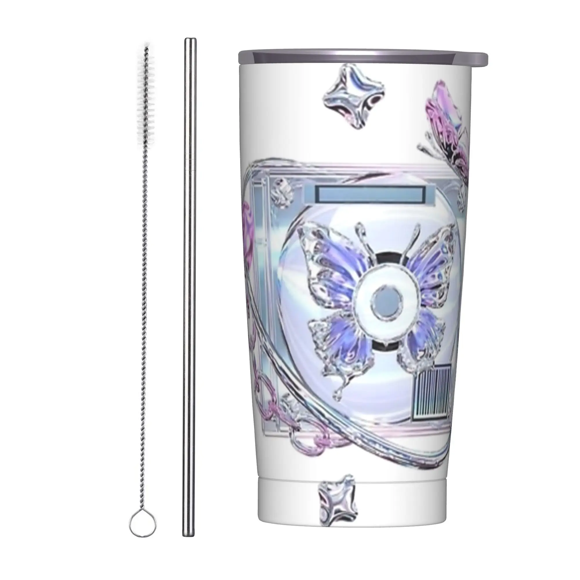 Chrome Butterfly CD Tumbler Vacuum Insulated Frutiger Aero Coffee Cups Stainless Steel Car Mug Hot Cold Drink, 20oz