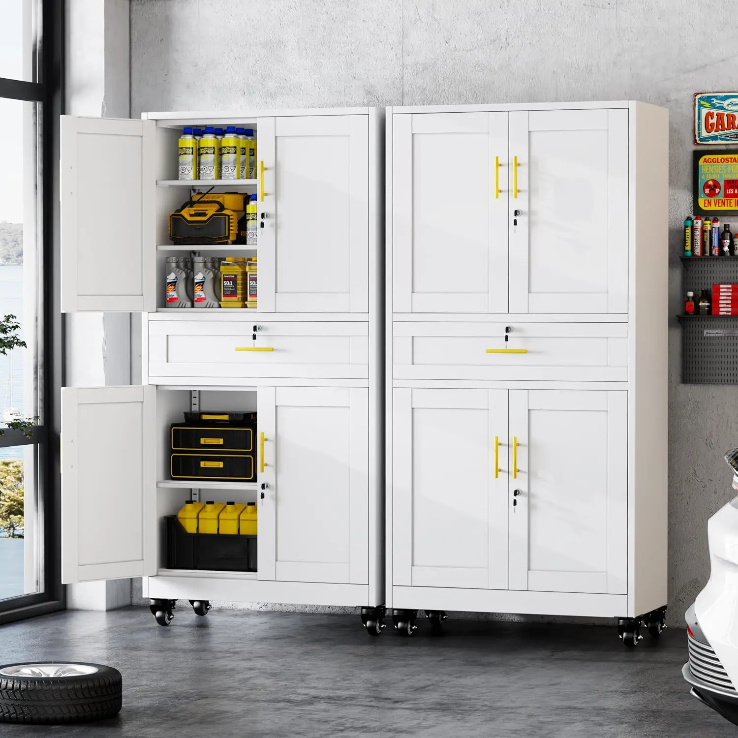 Metal Storage Cabinet with Wheels & Drawer, 74'' Tall Tool Cabinet with 4 Locking Doors & 3 Shelves, Rolling Garage Cabinet