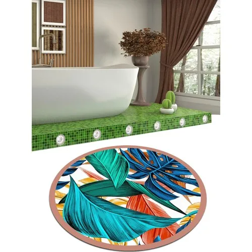 Ardizayn Green-Blue Leaves Print 100x100 cm. Anti-Slip, Not Peel Leather Outsole Round Bath Mat