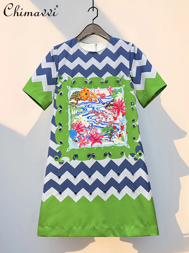

French Elegant Fashion Printed Summer Dress Female Beaded Diamond Round Neck Short Sleeve High Waist A-line Casual Dresses Women