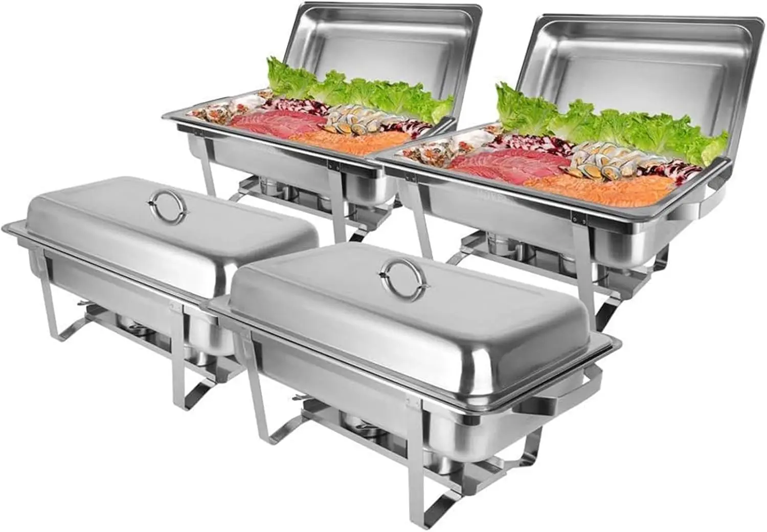 8 Qt 4 Pack Full Size Stainless Steel Chafing Dishes Buffet Set, NSF Silver Rectangular Catering Chafer Warmer Set