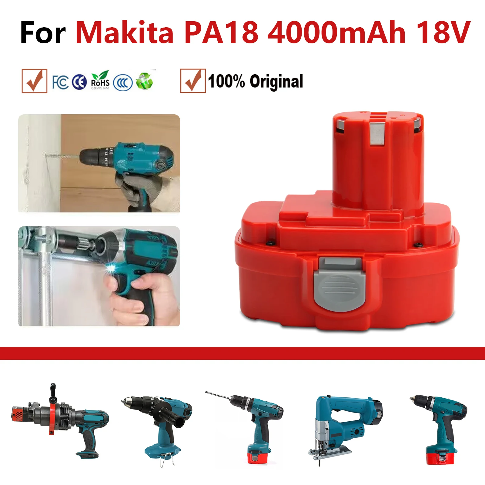 For Makita PA18 Replace battery 18V 4000mAh Ni-MH With PA18 1822 1823 1834 1835 192827-3 192829-9 193159-1 193140-2 Rechargable