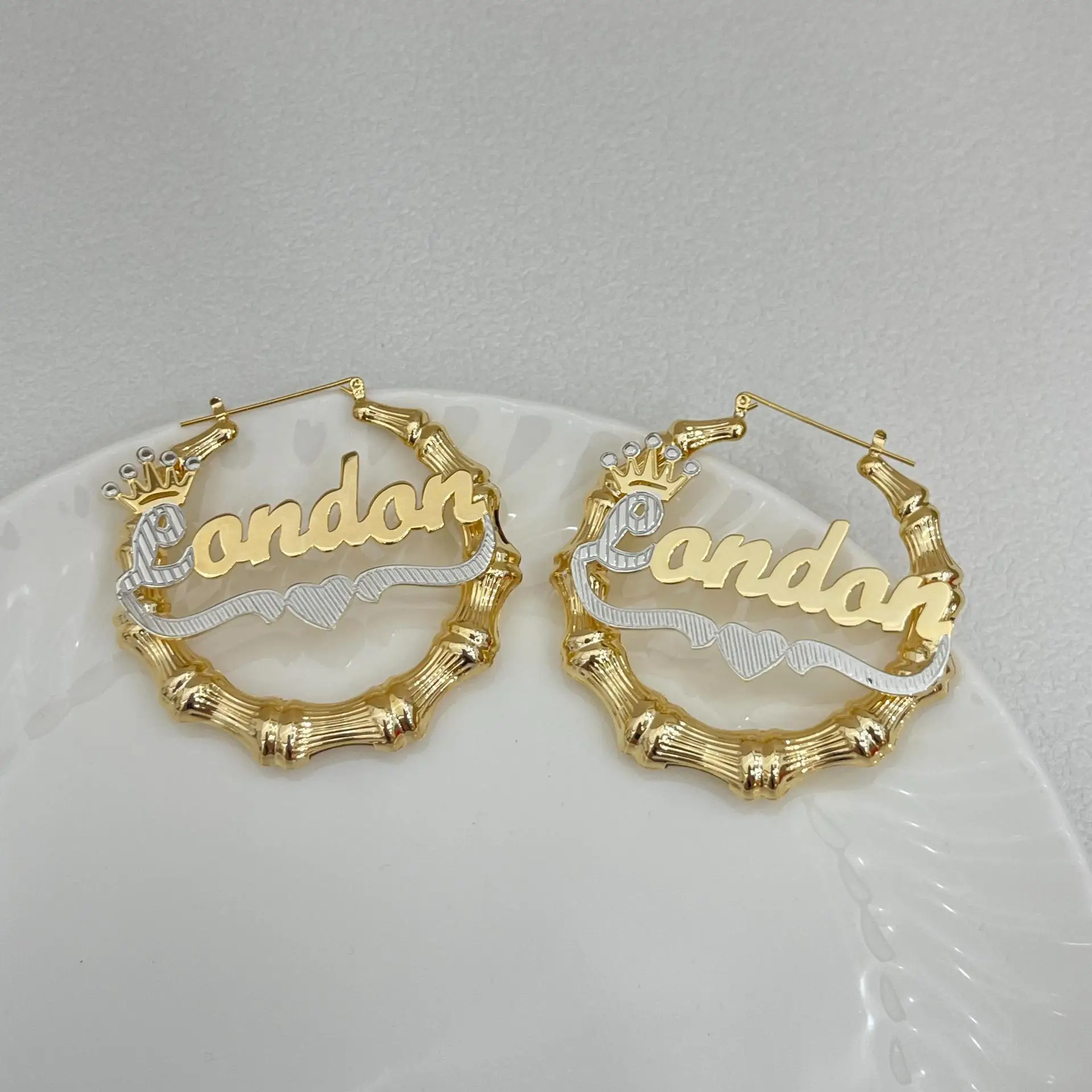 Custmized Two-color Heart round Big Bamboo for Women Name Earrings Personalized Stainless steel Jewelry Set Christmas Gifts