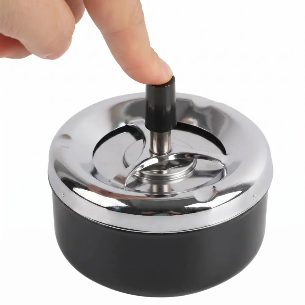 Modern Round Push Down Ashtray Stainless Steel Windproof Lid Cigarette Ashtray Spinning Tray Ash Holder Office