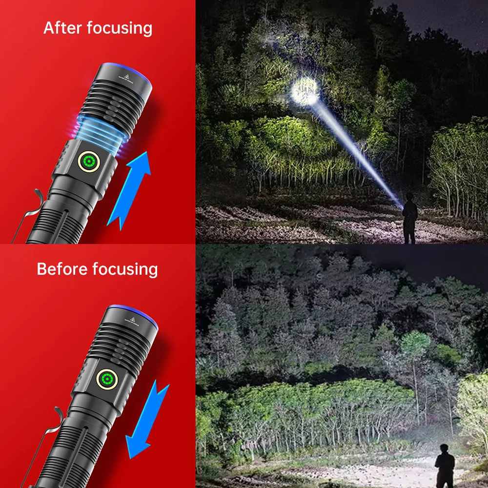 30W LED Flashlight Outdoor Rechargeable Electric Torch Ultra Bright Zoomable Flashlight With 5-color Lens for Camping Fishing