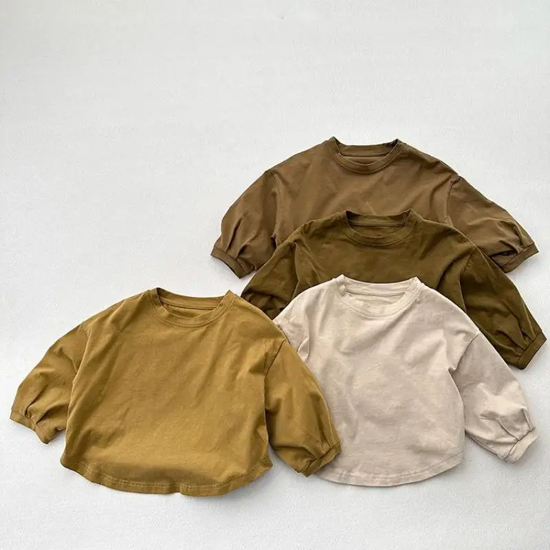 

Осень 2024, новые детские футболки с длинными рукавами, однотонные повседневные футболки для маленьких мальчиков, хлопковые свободные топы для девочек, детская одежда