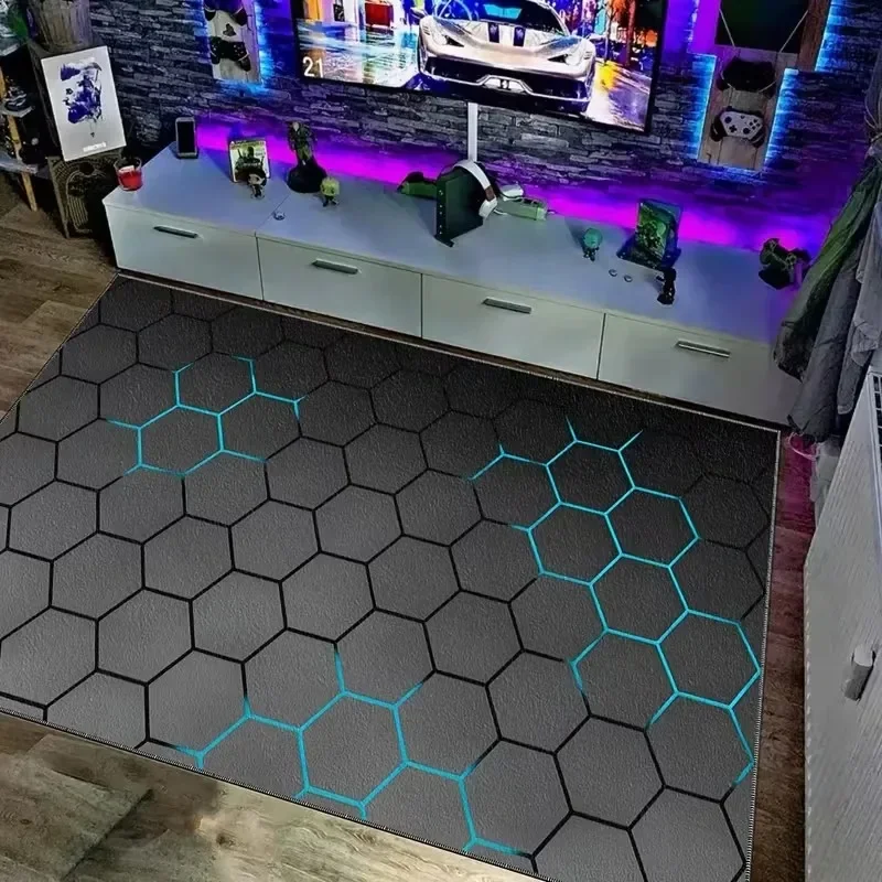 VIKAMA 3D Crack Red Hexagon Tech Gaming Rug Flannel Non Slip Stain Resistant Floor Mat Boys Gamer Chair Bedroom Decor