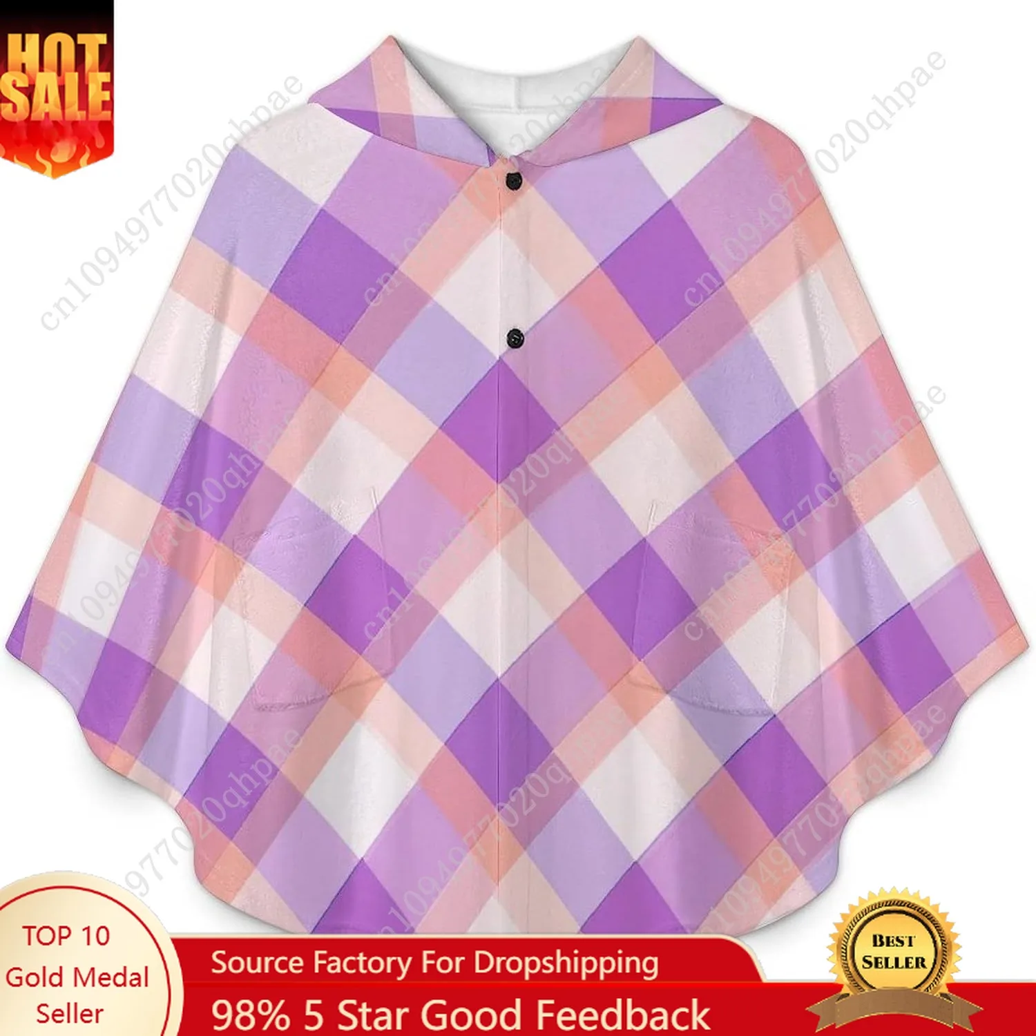 Gezellige flanellen deken trui, paarse geruite oversized hoodie met zakken voor kinderen en tieners