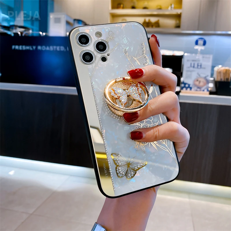 Luxury Butterfly Ring Stand Holder Phone Case For iphone 15 14 13 12 11 Pro max 7 8 X XR XS Max Cute Mirror Glossy Cover Fundas