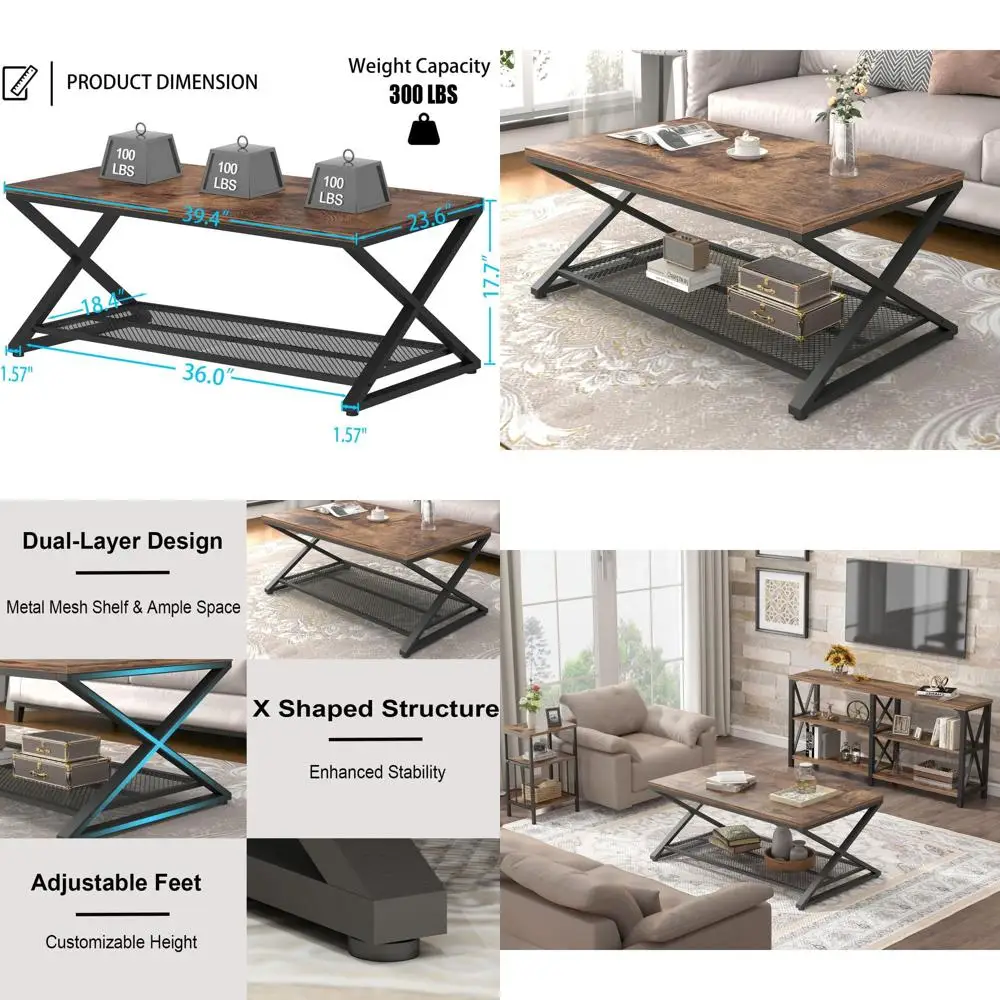 

Rustic 2-Tier Metal & Wood Coffee Table with Storage, 39 Farmhouse Style for Living Room and Office