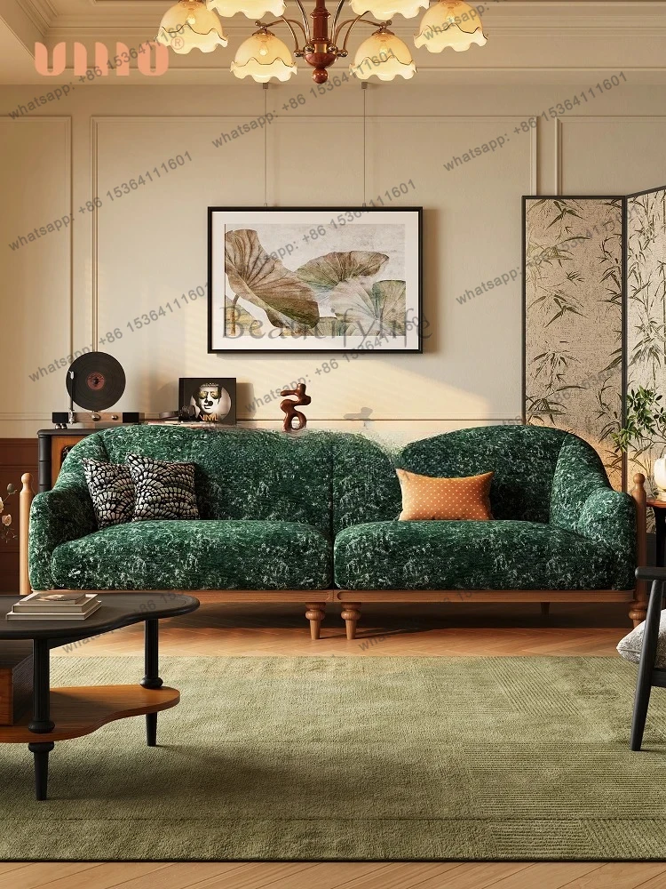 retro solid wood sofa living room straight row small apartment four people green fabric sofa antique style