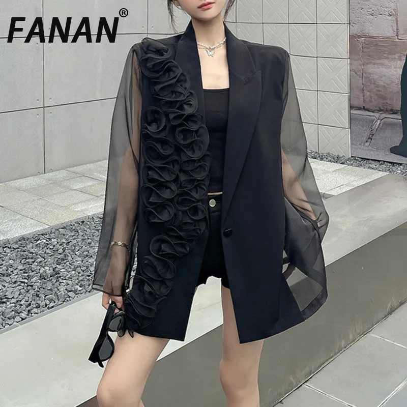 

FANAN 3D цветочный дизайн, сетчатые пиджаки для женщин, элегантные свободные пальто на одной пуговице, женские куртки, новинка лета 2023 г.