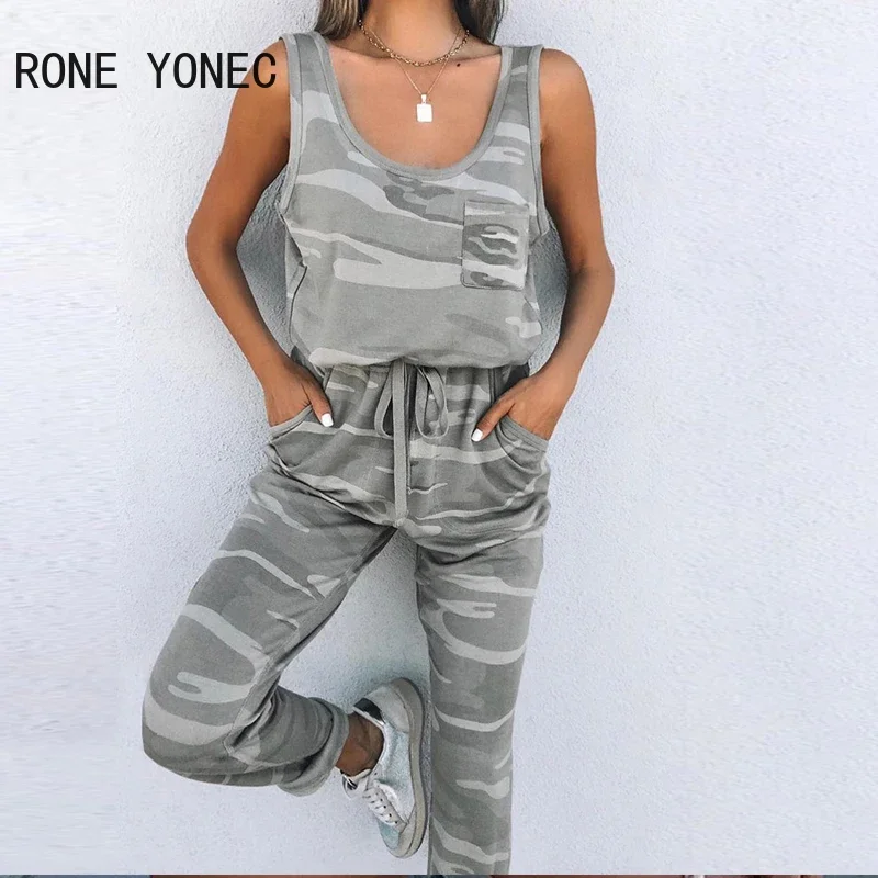 Women Chic Tank Camouflage Pattern Pocket Crop Top Lace Up Casual Pants Sets