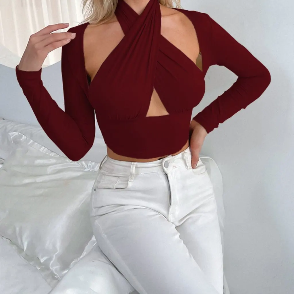 

Женская футболка с длинными рукавами, сексуальный топ с перекрестным воротником и вырезом в европейском и американском стиле для женщин