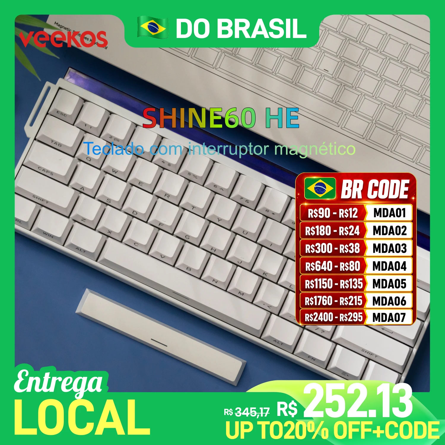 Veekos Shine60 HE Teclado com interruptor magnético 60% AGRB com fio com caixa de luz Gatilho rápido 0,01 mm 8K USB Tipo-C Teclado para jogos com fio