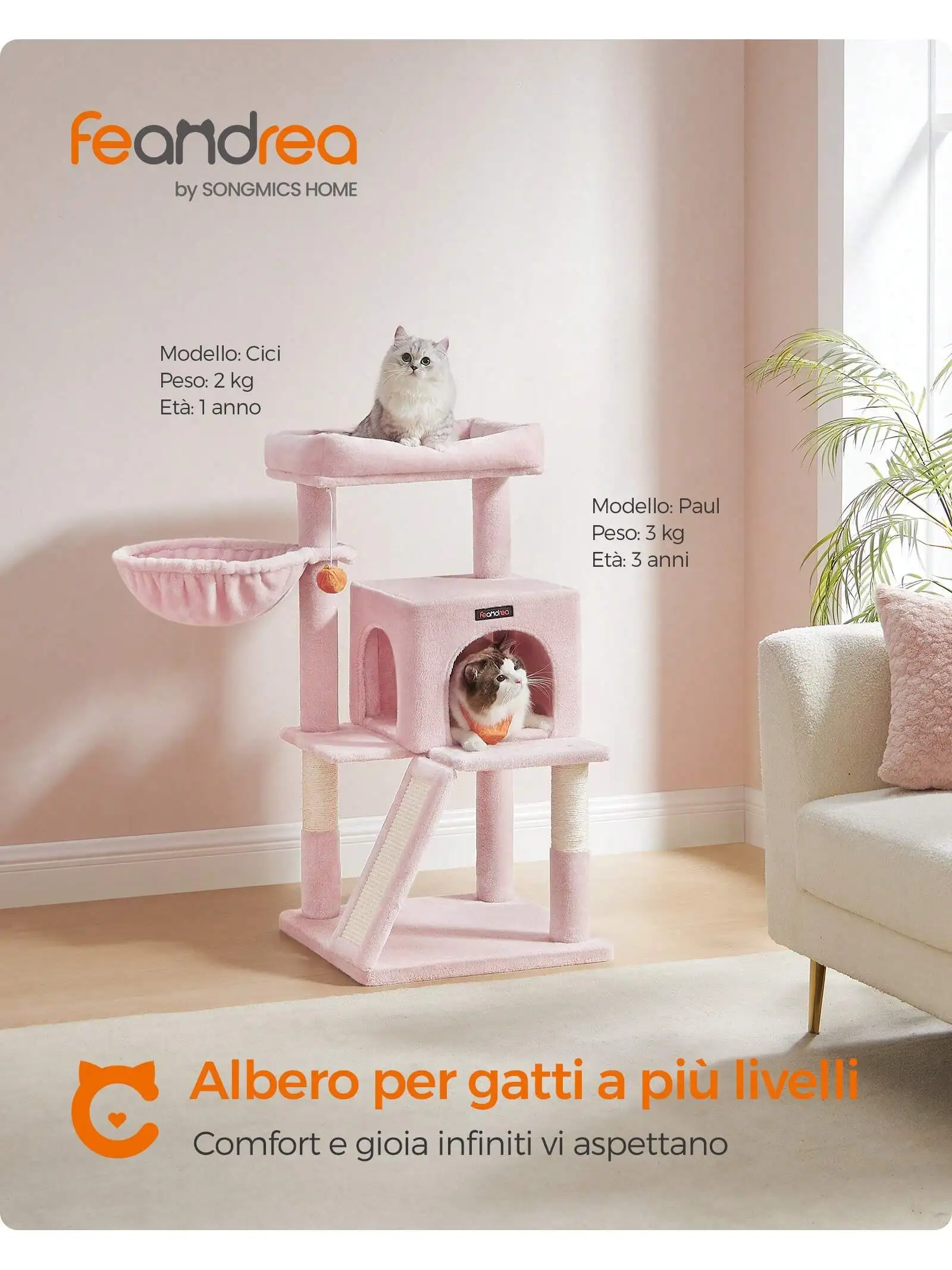 Feandrea Cat Tree, Cat Tower, Widened Perch for Large Cats, Jelly Pink