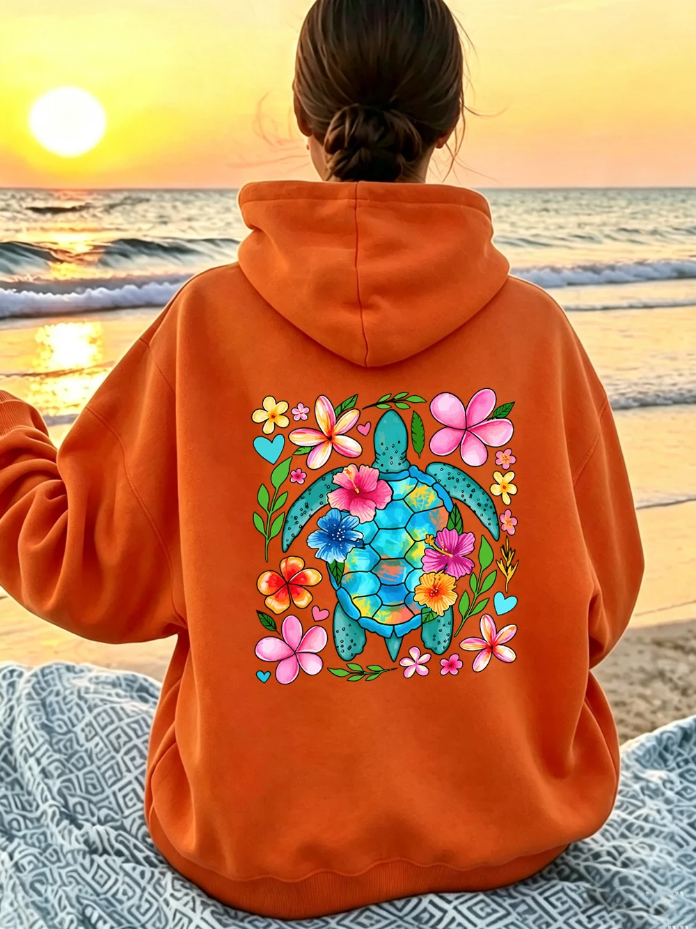 Heart Sea Turtle Tropical Hibiscus Flower Prints Hoodies Women Basics Loose Sweatshirts Winter Fleece Tops Casual Pocket Clothes