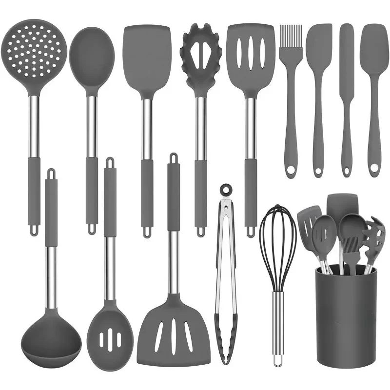 

Cooking Utensil Set,Umite Chef Kitchen Utensils 15 pack Set Non-stick Heat Resistan Stainless Steel Handle Tools Whisk - Grey