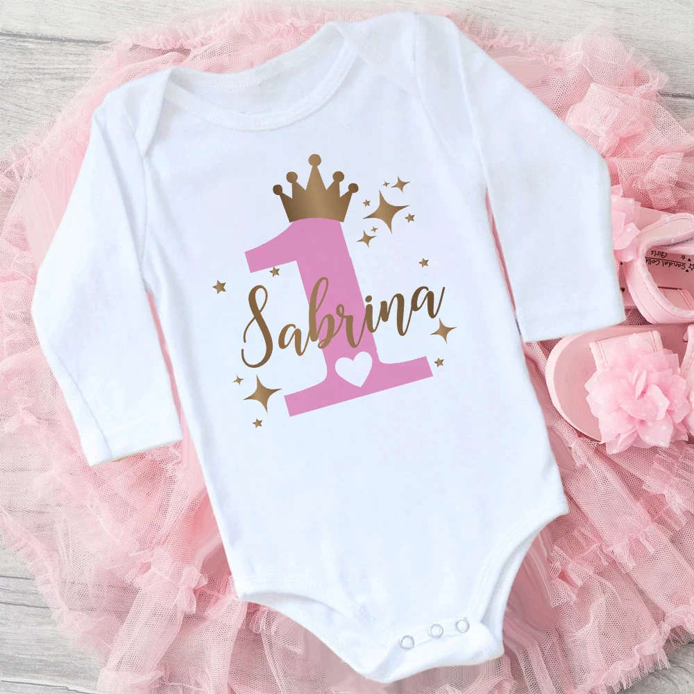 Personalized Baby 1st Birthday Romper Custom Name Newborn Bodysuit Infant Long Sleeve Jumpsuit Princess Birthday Party Clothes