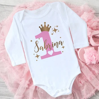 Personalisierter Baby-Strampler zum 1. Geburtstag, individueller Name, Neugeborenen-Body, langärmelig, Overall, Prinzessin-Geburtstagsparty-Kleidung