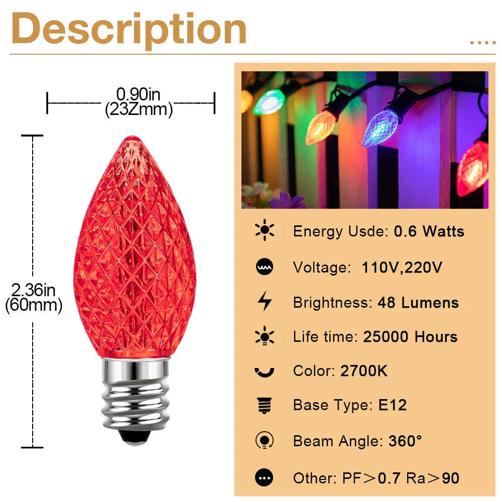 Multicolor C7 LED Light Bulbs 0.6W E12 Garden Decoration Night Lights Vintage Candle Lamps for C7 Outdoor String Lights
