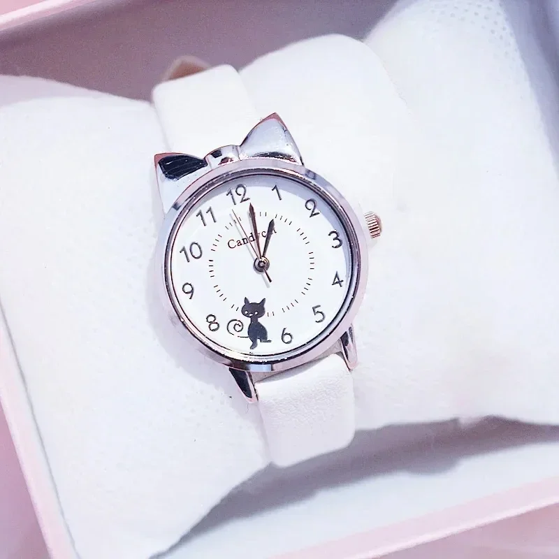 Watches for Women Kids Leather Strap Quartz Watch Children Set Bracelet Student Clock Kids  Watches Cute Cat Gold Dial Clock