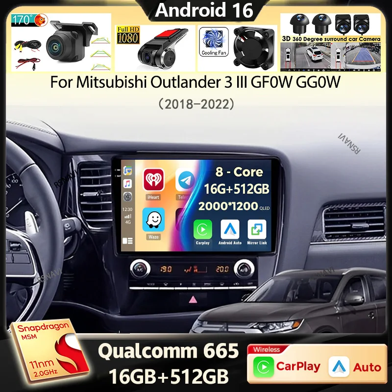 Android 16 Car Radio For Mitsubishi Outlander 3 III GF0W GG0W 2018 - 2022 Navigation Multimedia Player Stereo WiFi Video Carplay