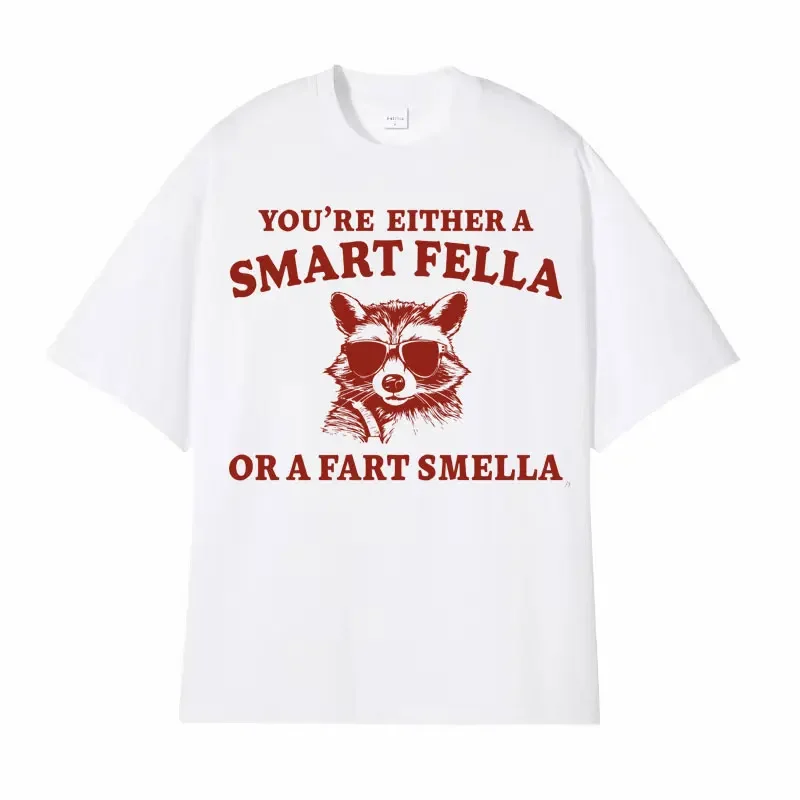 Are You A Smart Fella or Fasskrt Smella?  Retro Cartoon T Shirts Men Women Clothing Funny Raccoon Meme Overed T-shirt Streetwear