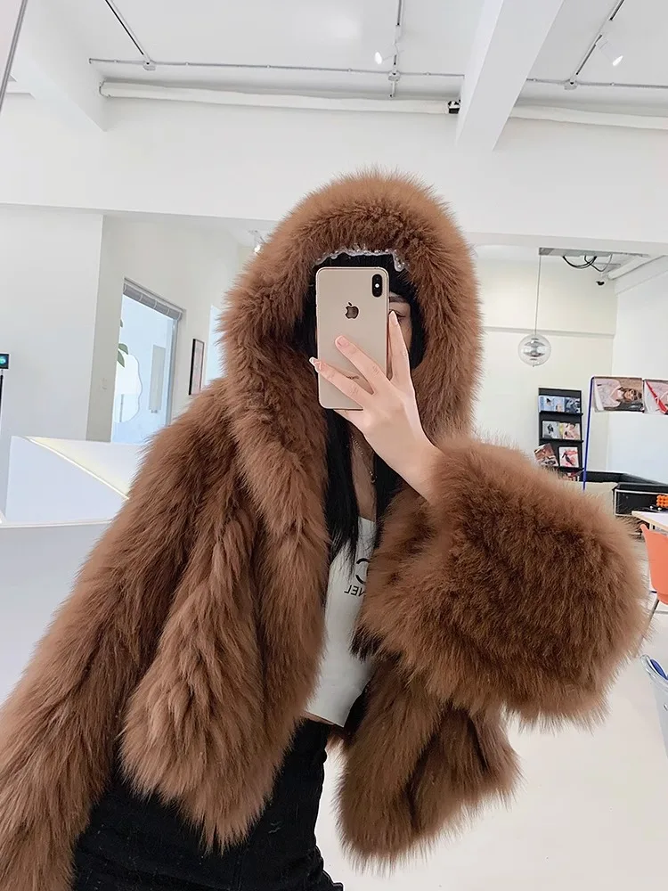 

2024 Winter New Style Fox Fur Double-sided Braided Trumpet Sleeve Short Fur Coat Women's Hooded Young Style